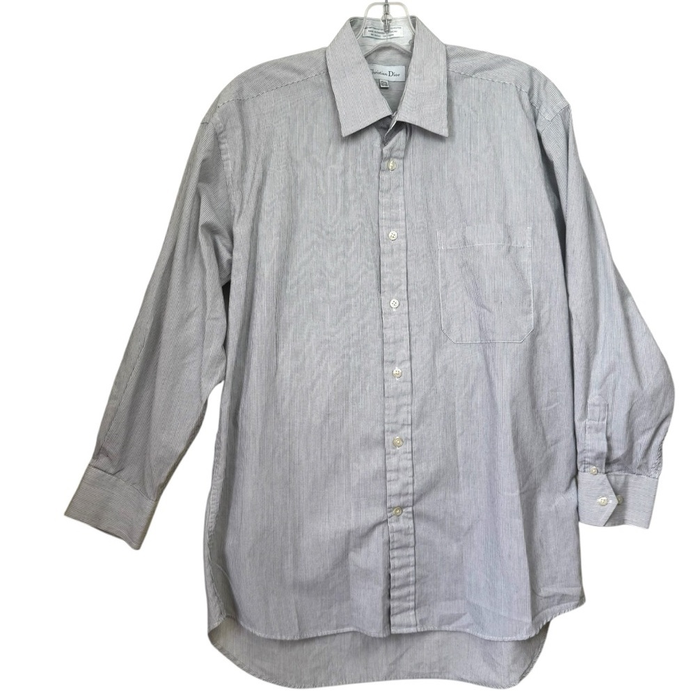 Christian Dior Cotton Striped Button Up Shirt Round Hem Fit Quiet Luxury 15.5”